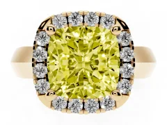 Fancy Yellow Cushion Cut Diamond Halo Solitaire Engagement Ring Set in Yellow gold with Square Band and Prong Setting