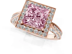 Fancy Pink Princess Cut Diamond Halo Engagement Ring Set in Rose gold with Accent Split Shank Band