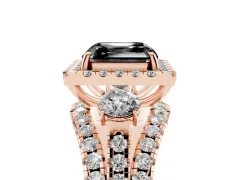 Fancy Black Asscher Cut Diamond Halo Split Shank Ring Set in Rose gold with Round Accent Stones and Prong Setting