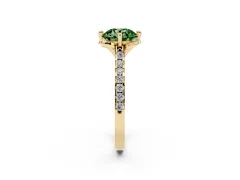 Fancy Green Round Cut Diamond Solitaire Ring Set in Yellow gold with Pavé Band and Floral Prong Setting