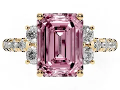 Fancy Pink Emerald Cut Diamond Three-Stone Pavé Ring Set in Yellow gold with Prong Setting