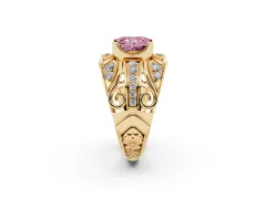 Fancy Pink Radiant Cut Diamond Art Deco Ring Set in Yellow gold with Pavé Split Shank