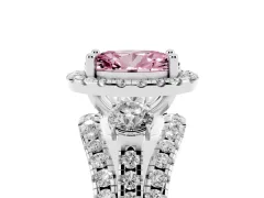 Fancy Pink Oval Cut Diamond Halo Split Shank Ring Set in Silver with Round Accent Stones and Prong Setting