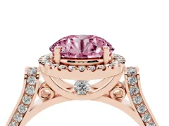 Fancy Pink Round Cut Diamond Halo Ring Set in Rose gold with Pavé-Lined Split Shank Band