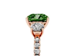 Fancy Green Cushion Cut Diamond Three-Stone Ring Set in Rose gold with Pavé Band and Graduated Sides