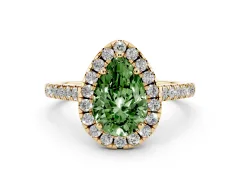 Fancy Green Pear Cut Diamond Pavé Halo Engagement Ring Set in Yellow gold with Pavé Band and Prong Setting
