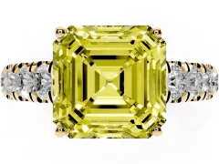 Fancy Yellow Asscher Cut Diamond Solitaire Ring Set in Yellow gold with Cut-Down Micro Pavé Band and Prong Setting