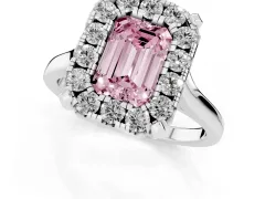 Fancy Pink Emerald Cut Diamond Cluster Halo Solitaire Ring Set in White gold with Prong Setting