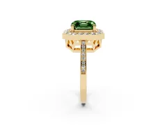 Fancy Green Asscher Cut Diamond Halo Ring Set in Yellow gold with Accent-Lined Split Shank and Prong Setting