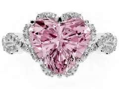 Fancy Pink Heart Cut Diamond Halo Twist Band Solitaire Ring Set in Silver with Prong-Set Center Stone