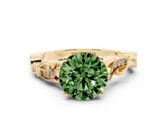 Fancy Green Round Cut Diamond Vine Band Solitaire Ring Set in Yellow gold with Milgrain Prong Setting