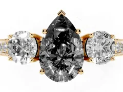 Fancy Black Pear Cut Diamond Three-Stone Ring Set in Yellow gold with Round Side Stones and Pavé Band
