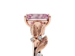 Fancy Pink Emerald Cut Diamond Solitaire Ring Set in Rose gold with Leaf Motif Band