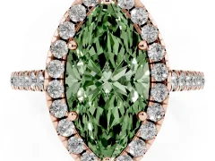 Fancy Green Marquise Cut Diamond Pavé Halo Engagement Ring Set in Rose gold with Pavé Band and Prong Setting