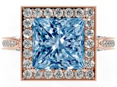 Fancy Blue Princess Cut Diamond Halo Engagement Ring Set in Rose gold with Accent Split Shank Band