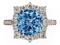 Fancy Blue Cushion Cut Diamond Halo Ring Set in Rose gold with Pavé Band and Prong Setting