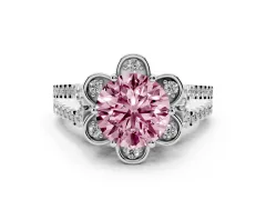 Fancy Pink Round Cut Diamond Floral Halo Split Shank Engagement Ring Set in White gold with Pavé Shank