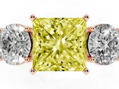 Fancy Yellow Princess Cut Diamond Three-Stone Ring Set in Rose gold with Round Side Stones and Classic Band