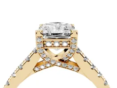 Radiant Cut Diamond Solitaire Ring Set in Yellow gold with Brilliant Pavé Band and Prong Setting