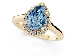Fancy Blue Pear Cut Diamond Halo Engagement Ring Set in Yellow gold with Pavé Band and Rising Shoulders