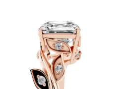 Asscher Cut Diamond Solitaire Twist Engagement Ring Set in Rose gold with Pavé Leaf Accents