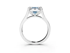 Fancy Blue Emerald Cut Diamond Cluster Halo Solitaire Ring Set in White gold with Prong Setting