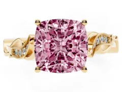 Fancy Pink Cushion Cut Diamond Vine Band Solitaire Ring Set in Yellow gold with Milgrain Prong Setting