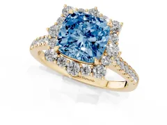 Fancy Blue Cushion Cut Diamond Halo Ring Set in Yellow gold with Pavé Band and Prong Setting