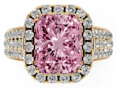 Fancy Pink Radiant Cut Diamond Halo Ring Set in Yellow gold with Pavé Band and Raised Center Setting