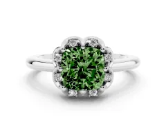 Fancy Green Cushion Cut Diamond Round Cluster Halo Ring Set in White gold with Solitaire Band and Prong Setting