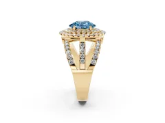 Fancy Blue Oval Cut Diamond Double Halo Ring Set in Yellow gold with Round Pavé Split Shank
