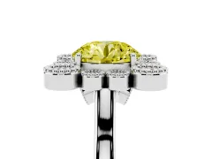 Fancy Yellow Round Cut Diamond Cluster Halo Ring Set in White gold with Milgrain Bezel Accents and Plain Band