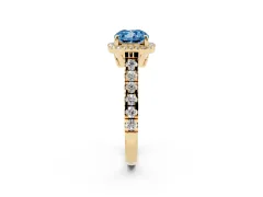 Fancy Blue Cushion Cut Diamond Halo Engagement Ring Set in Yellow gold with Pavé Band and Prong-Set Center