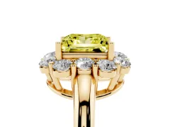 Fancy Yellow Princess Cut Diamond Milgrain Halo Solitaire Ring Set in Yellow gold with Bezel Set Side Stones and Pavé Band