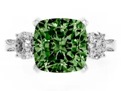 Fancy Green Cushion Cut Diamond Three-Stone Ring Set in Platinum with Pavé Band and Smaller Side Stones