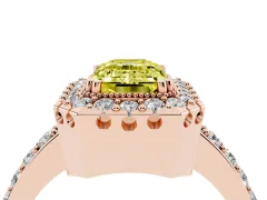 Fancy Yellow Emerald Cut Diamond Halo Ring Set in Rose gold with Pavé Shank and Prong Setting