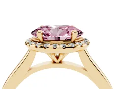 Fancy Pink Oval Cut Diamond Halo Engagement Ring Set in Yellow gold with Pavé Band and Rising Shoulders