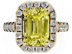 Fancy Yellow Emerald Cut Diamond Halo Engagement Ring Set in Yellow gold with Pavé Band and Prong-Set Center