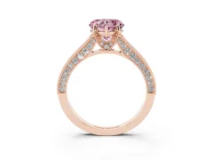 Fancy Pink Heart Cut Diamond Solitaire Ring Set in Rose gold with Milgrain-Edged Pavé Band and Prong Setting