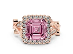 Fancy Pink Asscher Cut Diamond Halo Ring Set in Rose gold with Leaf Motif Split Shank and Prong Setting