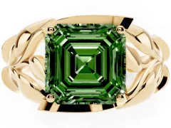 Fancy Green Asscher Cut Diamond Leaf-Inspired Engagement Ring Set in Yellow gold with Round Accents