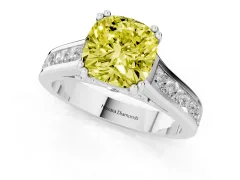 Fancy Yellow Cushion Cut Diamond Channel Set Solitaire Engagement Ring Set in White gold with Prong Setting