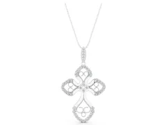 Round Diamond Cross Pendant Set in Silver with Pavé and Milgrain Edge