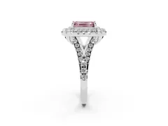 Fancy Pink Emerald Cut Diamond Double Halo Ring Set in Platinum with Pavé Split Shank and Prong Setting