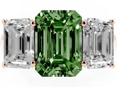 Fancy Green Emerald Cut Diamond Three-Stone Ring Set in Rose gold with Plain Polished Band