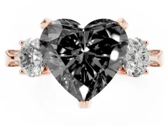 Fancy Black Heart Cut Diamond Three-Stone Ring Set in Rose gold with Pavé Band and Smaller Side Stones