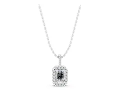 Emerald Cut Diamond Halo Pendant Set in Silver with Round Halo and Prong Setting