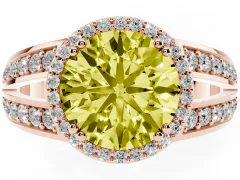 Fancy Yellow Round Cut Diamond Halo Ring Set in Rose gold with Double Pavé Split Shank