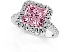 Fancy Pink Princess Cut Diamond Pavé Halo Engagement Ring Set in Platinum with Pavé Band and Prong Setting