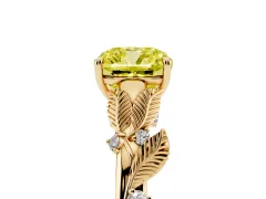 Fancy Yellow Cushion Cut Diamond Solitaire Ring Set in Yellow gold with Leaf Motif Band